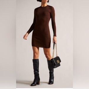 Ted Baker size 2 Nichola Bronze Metallic long sleeve Bodycon Knit Dress